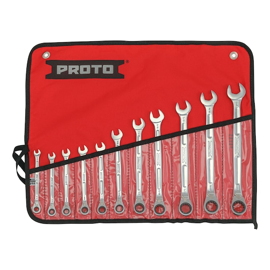 PROTO JSCV-11SB wrench set in a red tool roll, eleven chrome combination wrenches arranged by size, top view.