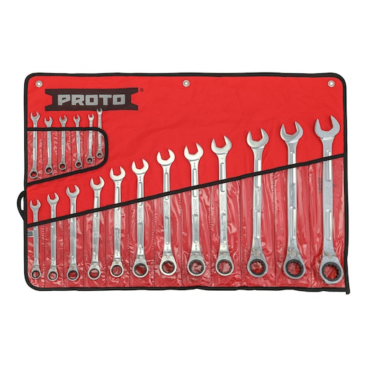 PROTO JSCV-18SB ratcheting combination wrench set in a red roll-up pouch, top-down angle.