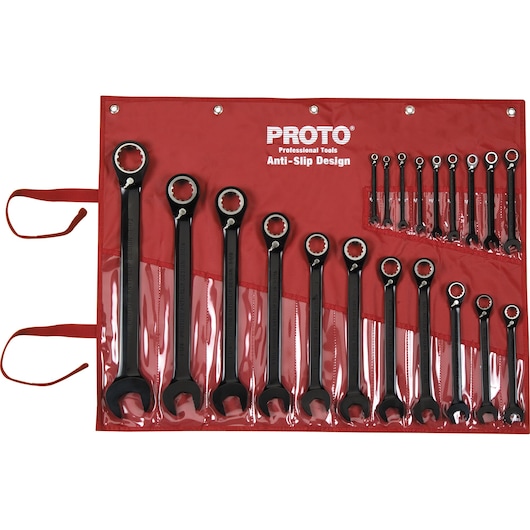 PROTO JSCV-20S combination wrench set with anti-slip design, 20 pieces in red roll-up pouch, top-down view.