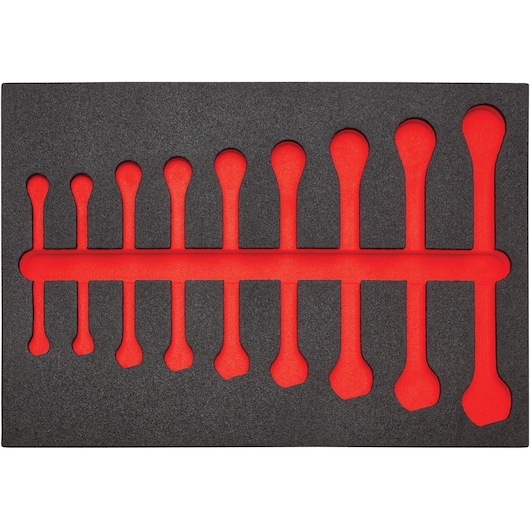 Photo of PROTO JSCV-9SF tool organizer foam insert with red cutouts for wrench set, top view.