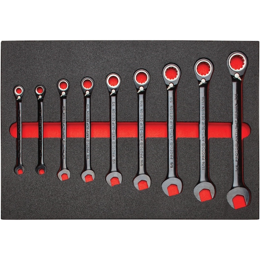 PROTO JSCV-9SK ratcheting combination wrench set, nine pieces, anti-slip design, top view on foam tray.