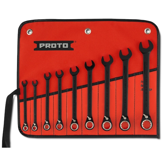 PROTO JSCV-9S ratcheting wrench set in red tool roll, photography of nine black wrenches front angle.