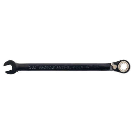 PROTO JSCV07 black ratcheting combination wrench photography, open-end and box-end, product on white background.