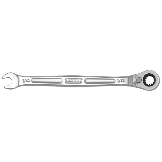 PROTO JSCV08B ratcheting combination wrench 1/4 inch, silver finish, photography, top angle.