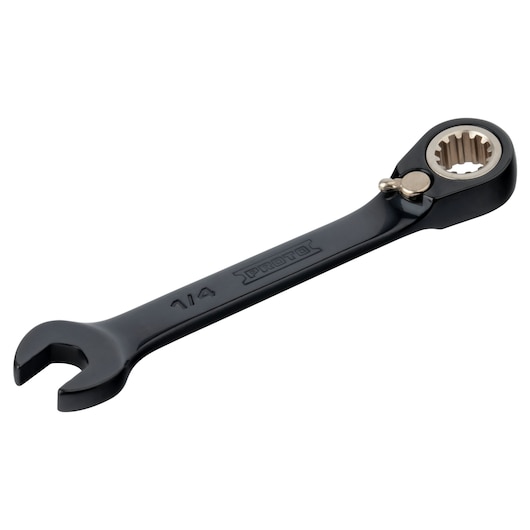 PROTO JSCV08S black ratcheting combination wrench, 1/4 inch, open-end and box-end, angled view on white background.