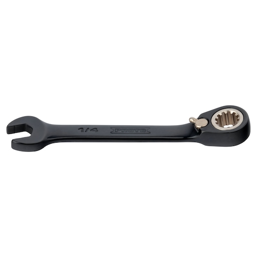 PROTO JSCV08S black ratcheting combination wrench, open and box end, 1/4 inch size, side view on white.