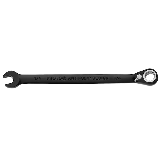 PROTO JSCV08 ratcheting combination wrench, black finish, 1/4 inch, top view on white background.