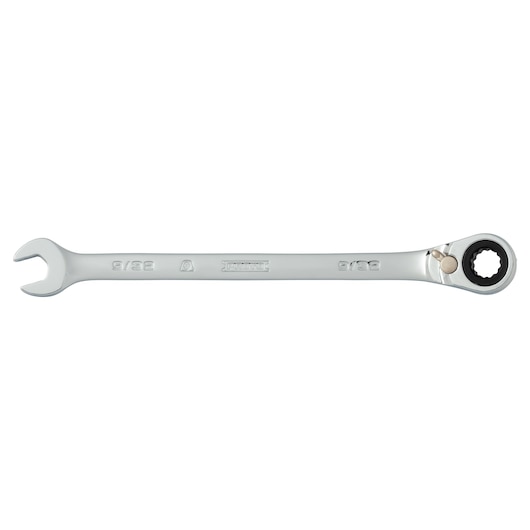 Photo of PROTO JSCV09T ratcheting combination wrench, chrome finish, 9/32 inch, white background, side view.