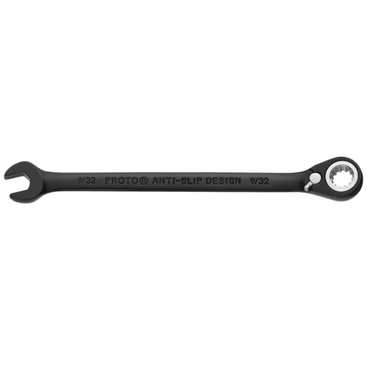 Photo of PROTO JSCV09 black ratcheting combination wrench with open and box ends, top view on white background.