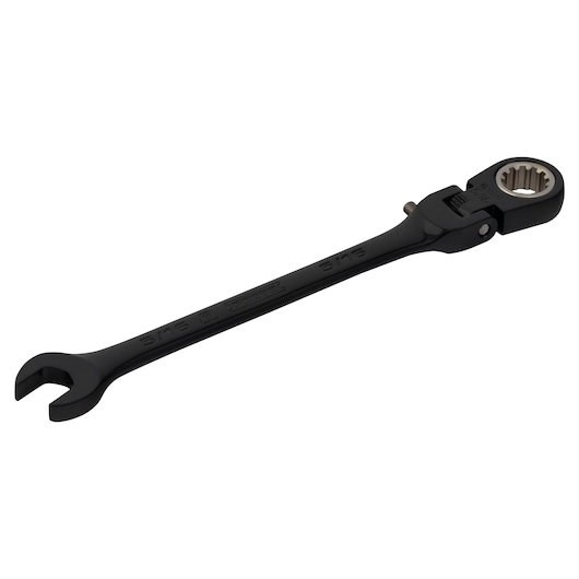 PROTO JSCV10F black ratcheting combination wrench, offset box end, photography, angled on white background.