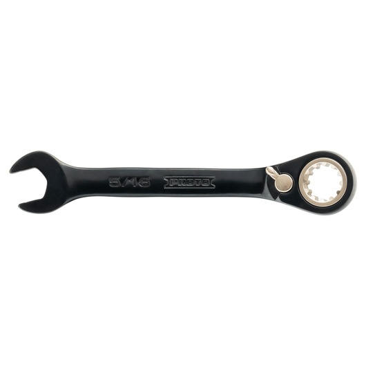 PROTO JSCV10S black ratcheting combination wrench, 5/16 inch, photography, side angle on white background.