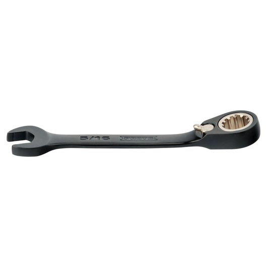 PROTO JSCV10S black ratcheting combination wrench, 5/16 inch size, side view on white background.
