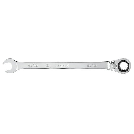 PROTO JSCV10T ratcheting combination wrench, chrome finish, front angle, tool photography