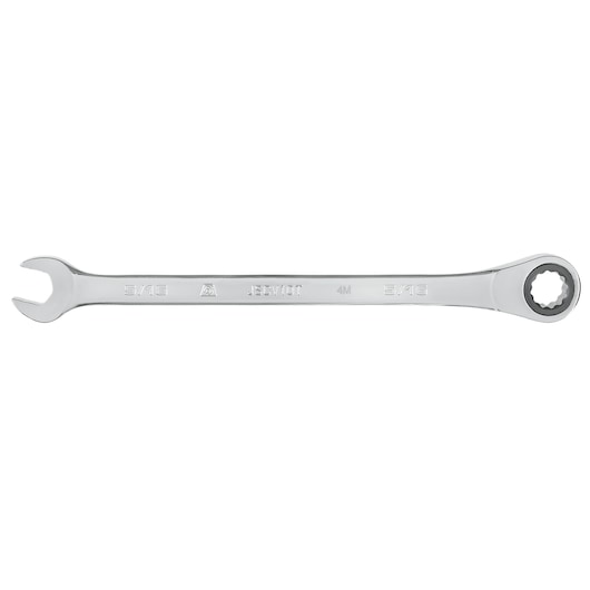 PROTO JSCV10T chrome combination ratcheting wrench, side view, tool category photography.