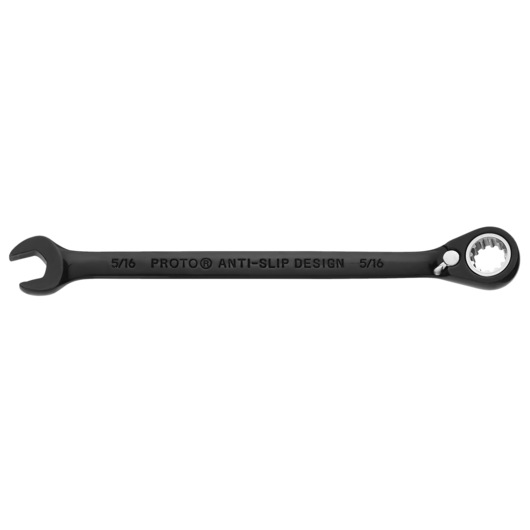 PROTO JSCV10 black combination wrench 5/16 inch with anti-slip design, white background, side angle