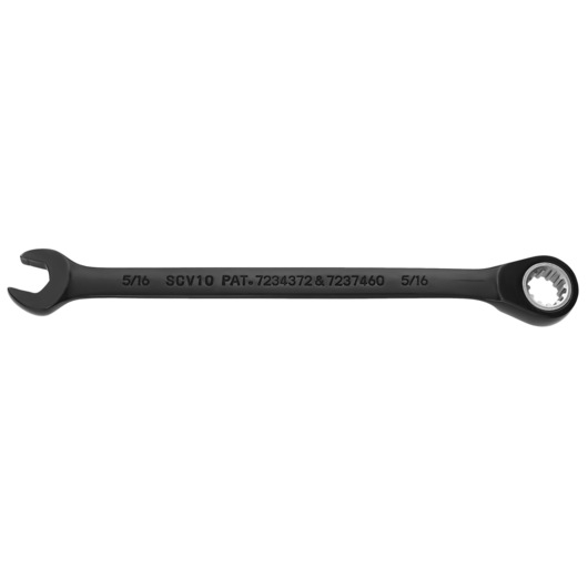 Photo of PROTO JSCV10 black combination ratcheting wrench, 5/16 inch, flat lay on white background.
