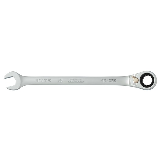 PROTO JSCV11T combination ratcheting wrench, 11/32 inch, silver finish, photography on white background.