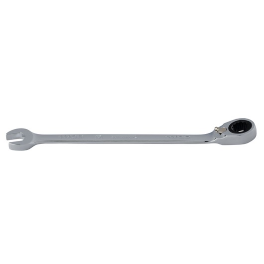 PROTO JSCV11T silver ratcheting combination wrench, open-end and box-end, side angle, photography.