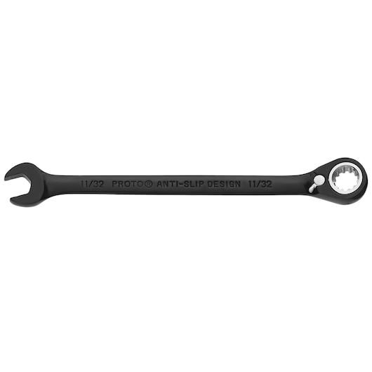 PROTO JSCV11 black ratcheting combination wrench 11/32 inch, flat laid on white background.