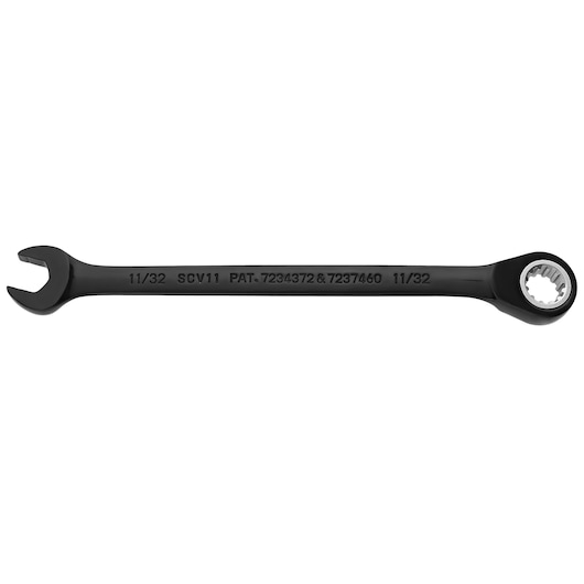 PROTO JSCV11 black combination wrench, 11/32 size, front angle, white background.
