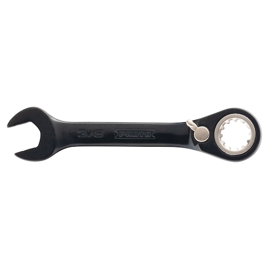 PROTO JSCV12S black ratcheting combination wrench, 3/8 inch, side angle on white background.