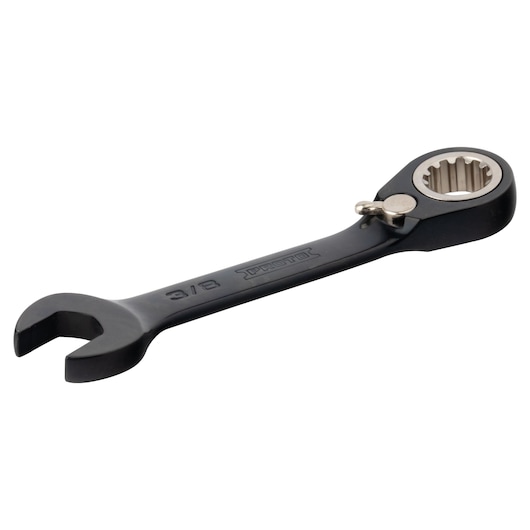 PROTO JSCV12S black ratcheting combination wrench, side angle, 3/8 inch size, photography on white background.