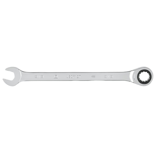 PROTO JSCV12T ratcheting combination wrench, chrome finish, open-end and box-end, studio angle on white.