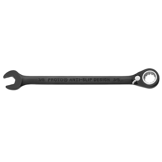 PROTO JSCV12 black ratcheting combination wrench with anti-slip design, 3/8 inch size, top angle on white background.
