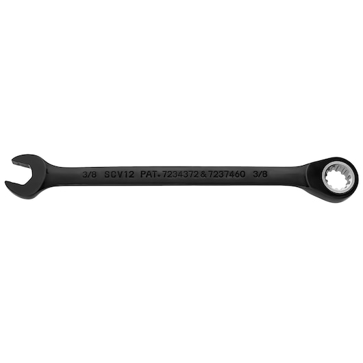 PROTO JSCV12 combination ratcheting wrench, black finish, 3/8 inch size, side view on white background.