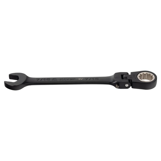 PROTO JSCV14F black ratcheting combination wrench, 7/16 inch, side angle, white background.