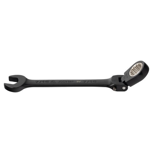 PROTO JSCV14F black flex-head combination wrench, 7/16 size, side angle on white background.