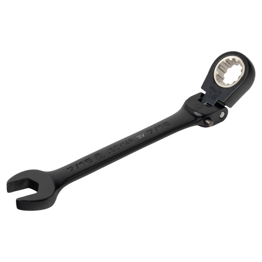 PROTO JSCV14F black 7/16 ratcheting combination wrench, angled view, photography on white background.