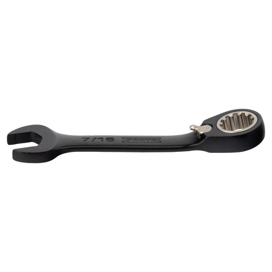 PROTO JSCV14S black combination ratcheting wrench, 7/16 size, side angle, on white background.