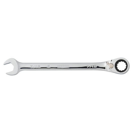 PROTO JSCV14T polished chrome combination ratcheting wrench, 7/16 size, side angle on white background.