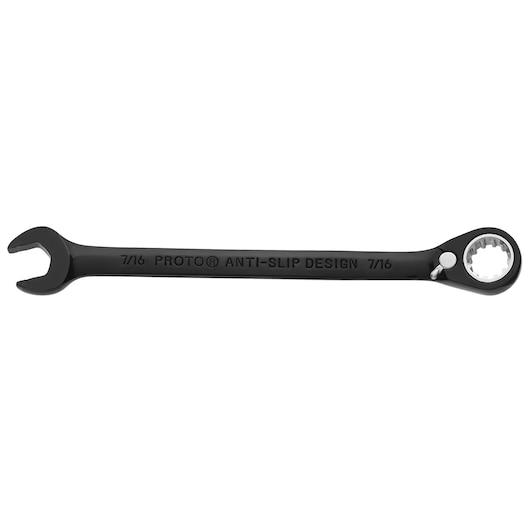 PROTO JSCV14 black ratcheting combination wrench 7/16 inch, photography on white background, side view