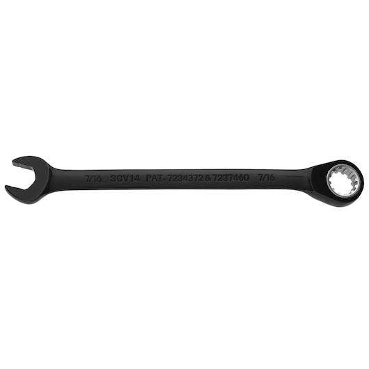 PROTO JSCV14 black combination wrench, 7/16 inch, flat lay, photography on white background.