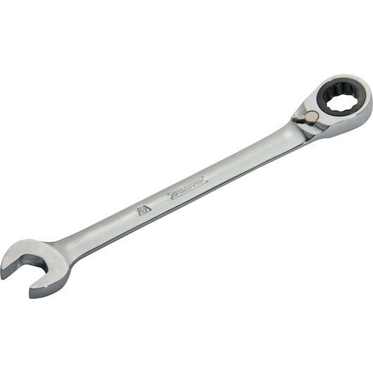 PROTO JSCV16T combination ratcheting wrench, polished chrome, white background, side angle.