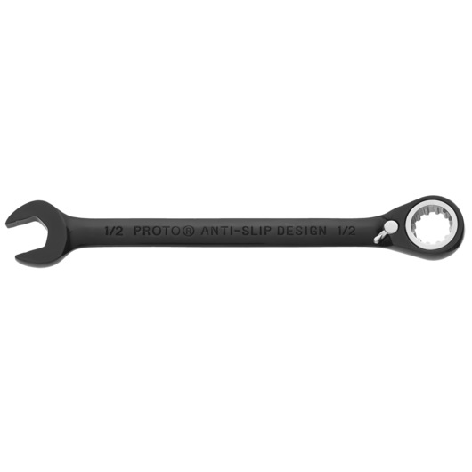 PROTO JSCV16 black ratcheting combination wrench with anti-slip open end, shown on white background.