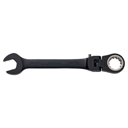 PROTO JSCV18F black ratcheting combination wrench 9/16 inch, side angle, white background.