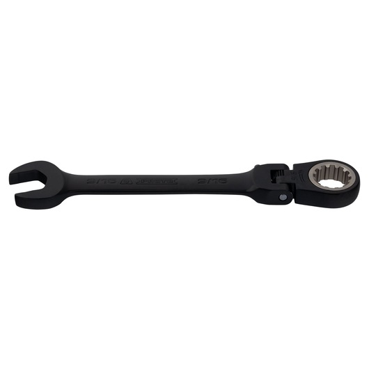 PROTO JSCV18F black ratcheting combination wrench, open-end and box-end, side angle on white background.