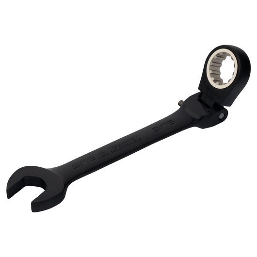 PROTO JSCV18F black flex head ratcheting combination wrench on white background, angled view.