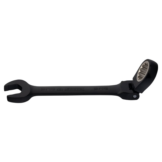 PROTO JSCV18F black ratcheting flex head combination wrench side view on white background.