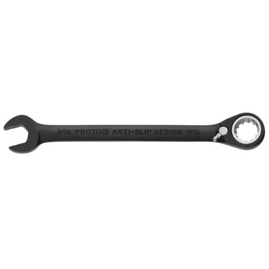 Photo of PROTO ratcheting combination wrench 9/16 inch, black finish, SKU JSCV18, top angle on white background.