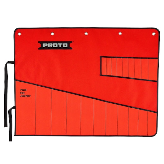 PROTO red tool pouch with multiple pockets, grommets, and black edging, photography on white background JSCV20SP.