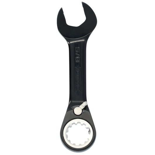 PROTO JSCV20S black ratcheting combination wrench with open-end and 12-point box end, front angle on white background.
