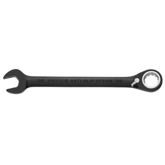 Photo of PROTO JSCV20 black ratcheting combination wrench with anti-slip design, front angle on white background.