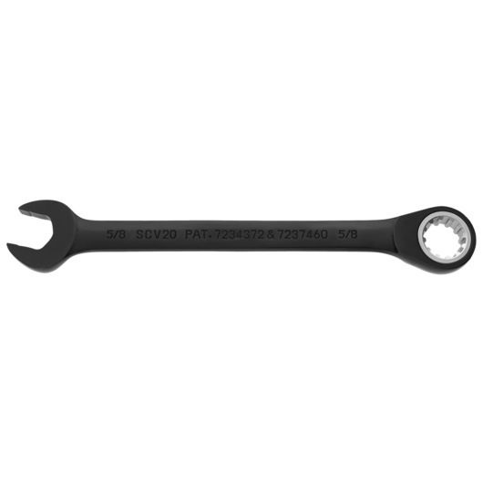 PROTO JSCV20 black combination ratcheting wrench with open end and box end, side angle on white background.
