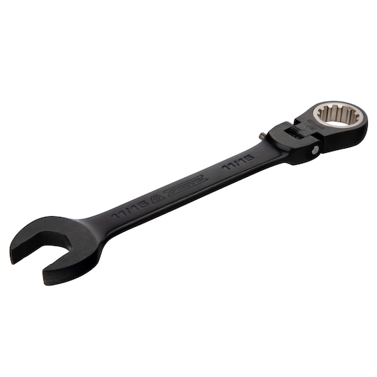 PROTO JSCV22F black ratcheting combination wrench 11/16 inch, front angle on white background
