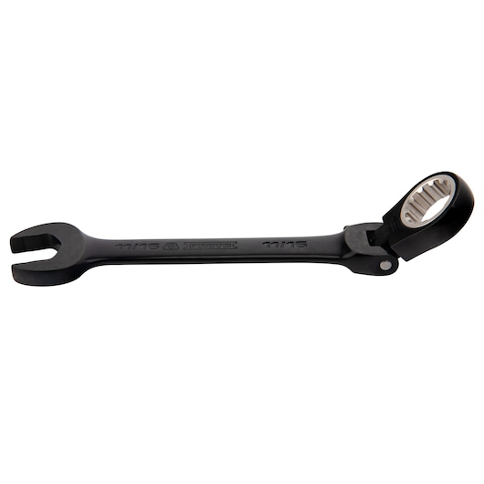 PROTO JSCV22F black ratcheting combination wrench side view with open end and flex head.