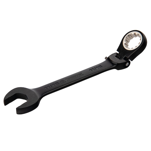 PROTO JSCV22F black ratcheting combination wrench with flex head, 11/16 inch, product side angle.